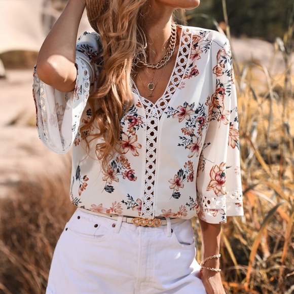 BellanBlue Tops - Boho Floral Print Lace V neck Flounce Sleeve Blouse